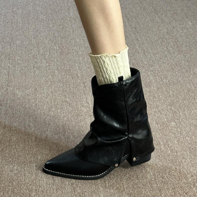 Vintage Women Western Pipe Ankle Boots Fashion Pointed Toe Shoes Ladies Thick Heel Short Botas Autumn Winter  De Mujer