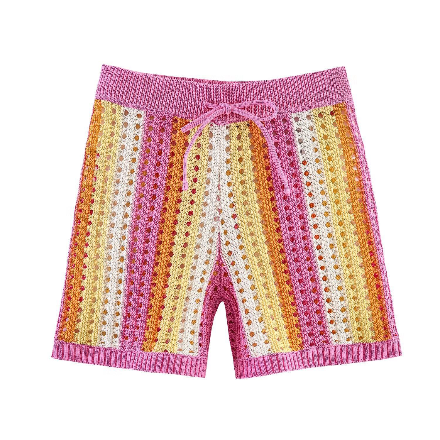 European and American style new women s wear: hollowed-out striped knit jacket striped hollow knit shorts S