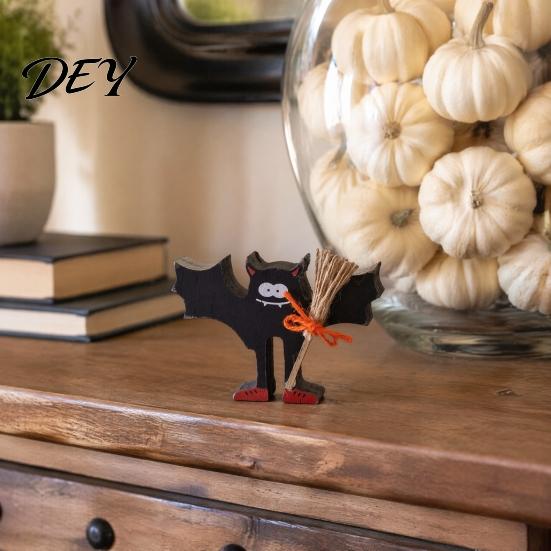 Miniature Halloween Room Decor Wooden Table Sign, Cute Ghost Witch Hat Bat Freestanding Tiered Wood Farmhouse Tray Ornament, Rustic Tabletop