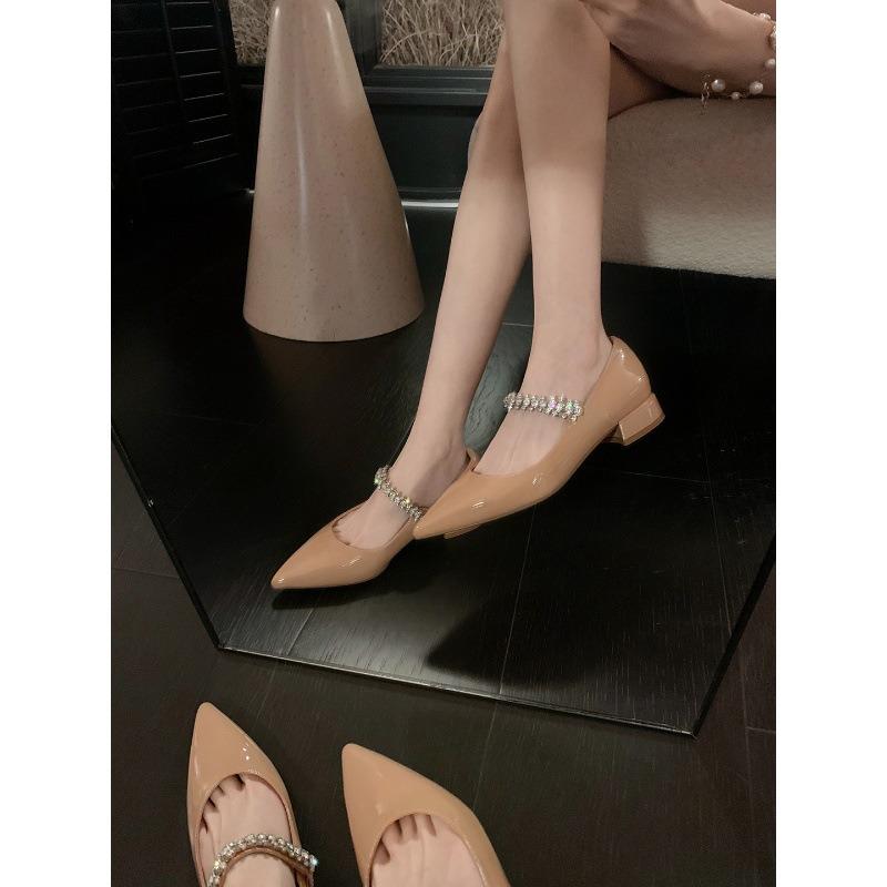 Pointed rhinestone word with light mouth low heel Mary Jane shoes women's small thick heel single shoes