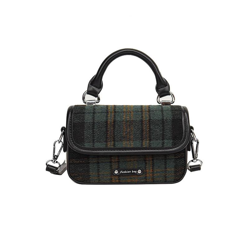 Trendy Mini Woolen Childrens Bag With Stylish Plaid Design For Boys And Girls Green Check