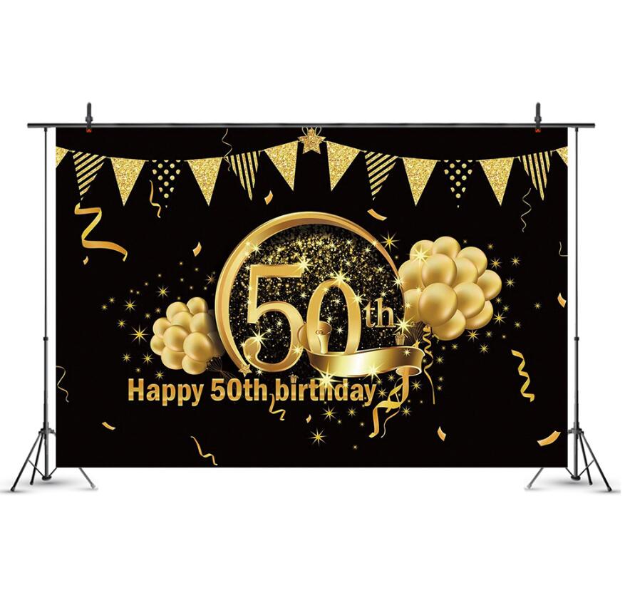 7x5ft Happy 18th 40th 50th Birthday Backdrop Black Gold Balloons Golden Glitter Sparkling Stars Men Women Baby Party Backdrop