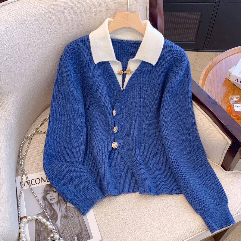 Two-piece Heavy-industrial Knitted Cardigan Casual Loose Lapel Temperament Long-sleeved Sweater Shirt