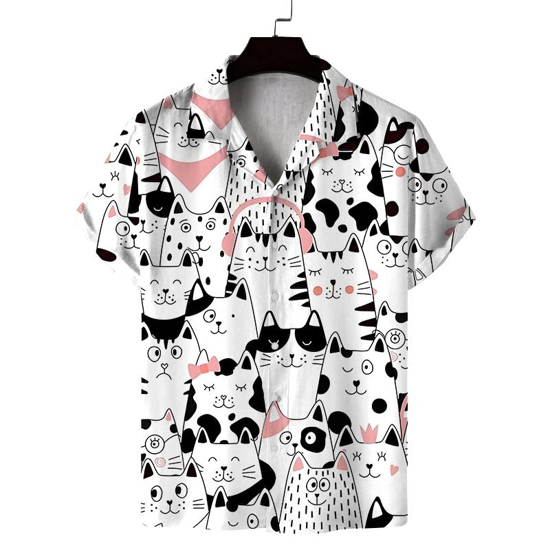 New Summer Shirt Men's Short Cat Pattern 3D Printed Design Casual Commuting Fashion All-Match Personality Breathable Daily