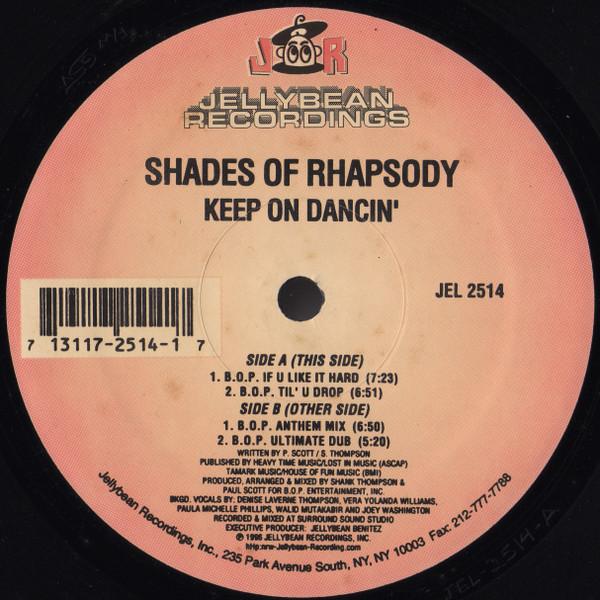 

12-дюймовая пластинка SHADES OF RHAPSODY Keep On Dancin JEL2514 Jellybean Recor 1996 США Танцевальная Электроника Б/у