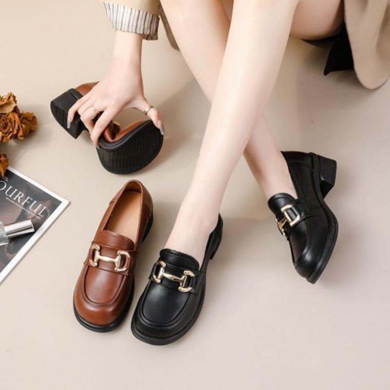 Cowhide women's shoes, genuine leather, low-top thick heel, medium heel, soft sole, soft surface, round head, comfortable and versatile, casual office