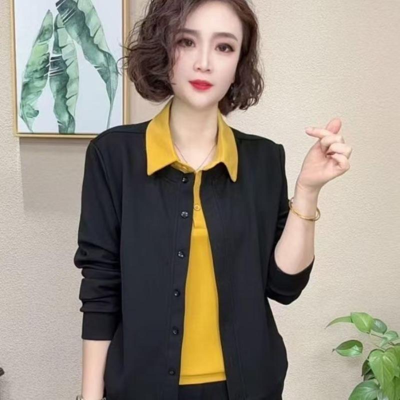

Middle-aged Mother Fashionable Cardigan Shirt Casual Temperament Age-reducing Long-sleeved Top Women s Clothing 4XL чорний
