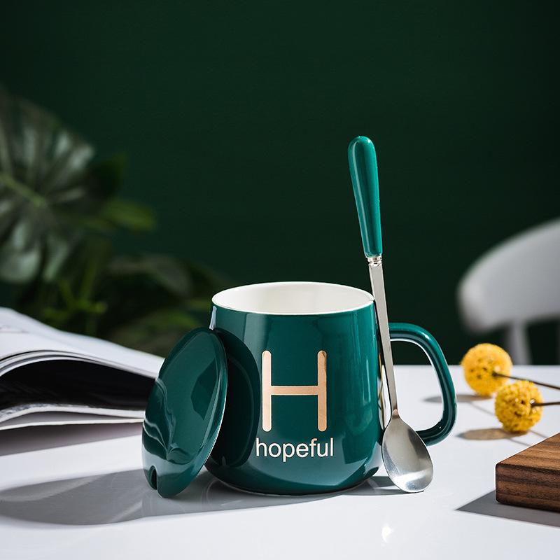 Ceramic Cup Household Printing Creative Personality Trend With Lid Spoon Office Couple Water Cup