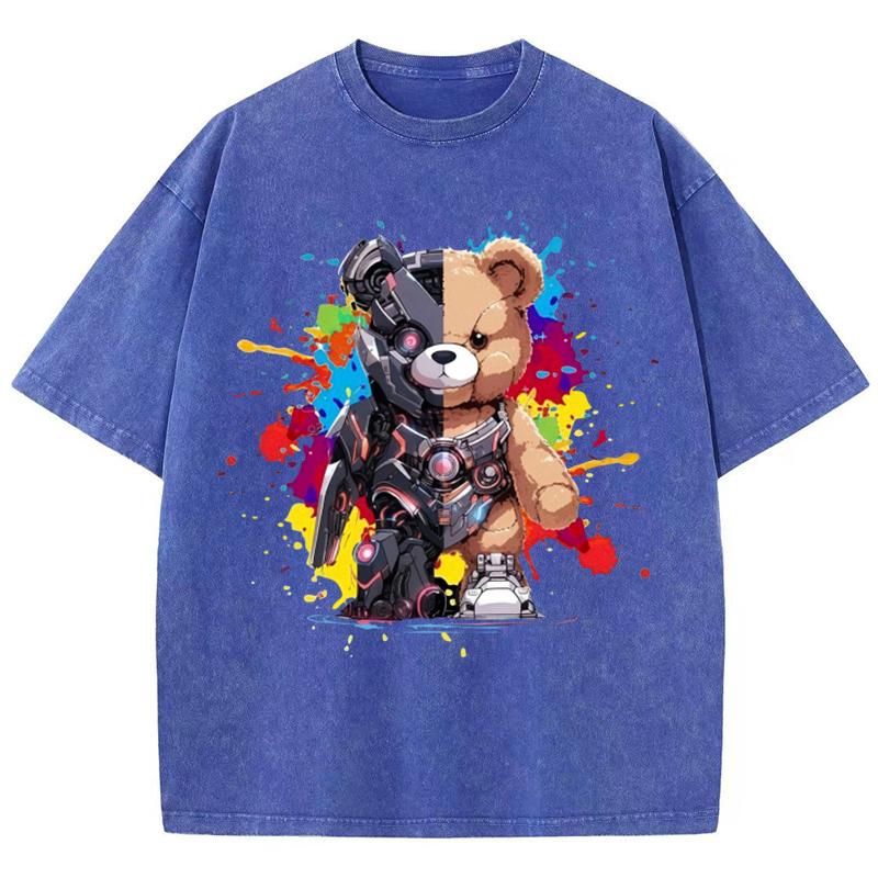 Womans Cotton Washed T-Shirts Fashion Loose O-Neck Tees Mech Warrior Bear Printing Short Sleeve Female Clothes