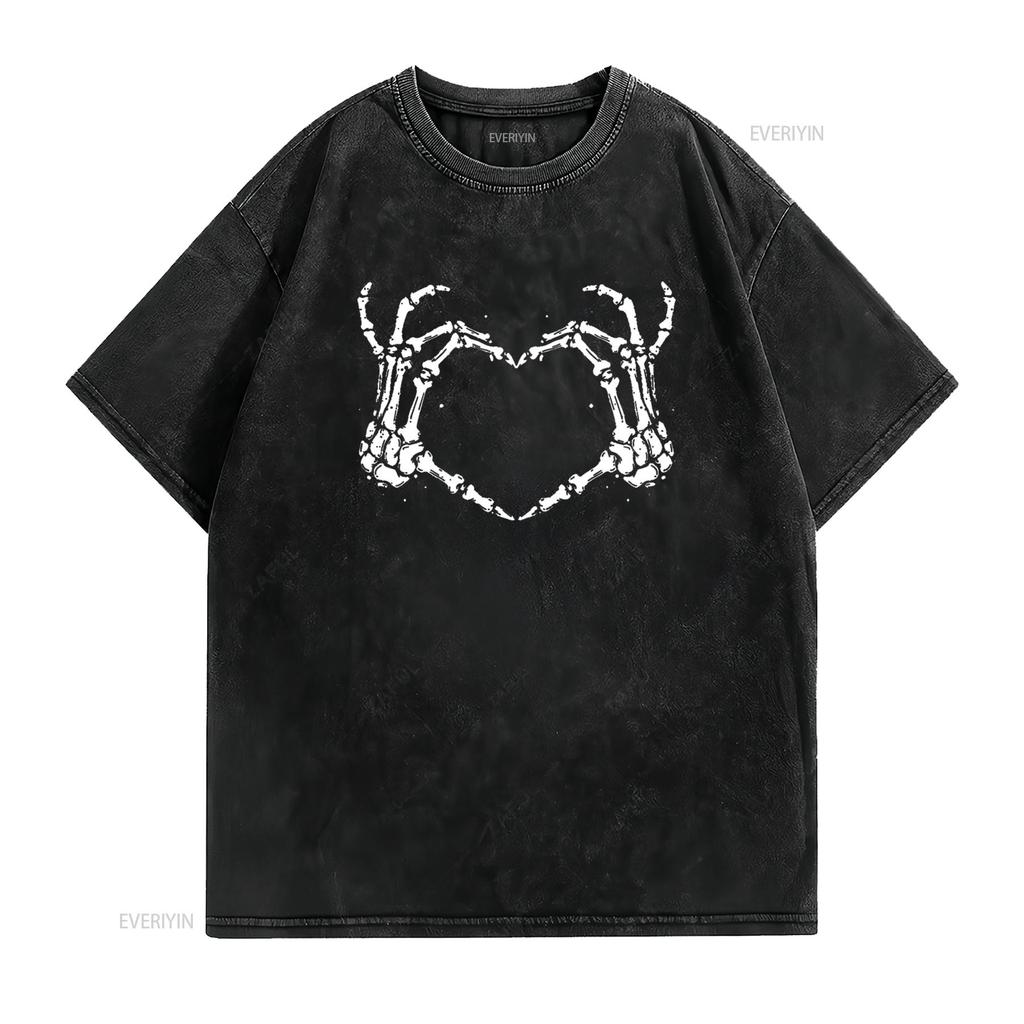 Womens T Shirt Skeleton Hands Love Heart Sign Bones Costume Funny Halloween Casual  Tops Black X Large vintage Washed Stretched