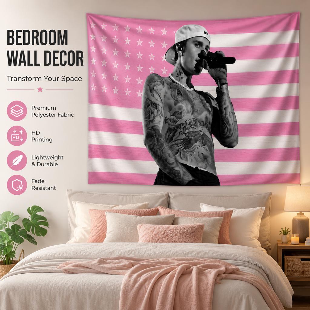 Pop-Sänger Justin B-Bieber Wandteppich Flachdruck Rosa Sterne Streifen Flagge Wandbehang für Schlafzimmer Wohnzimmer Studentenwohnheim Ästhetische Dekoration