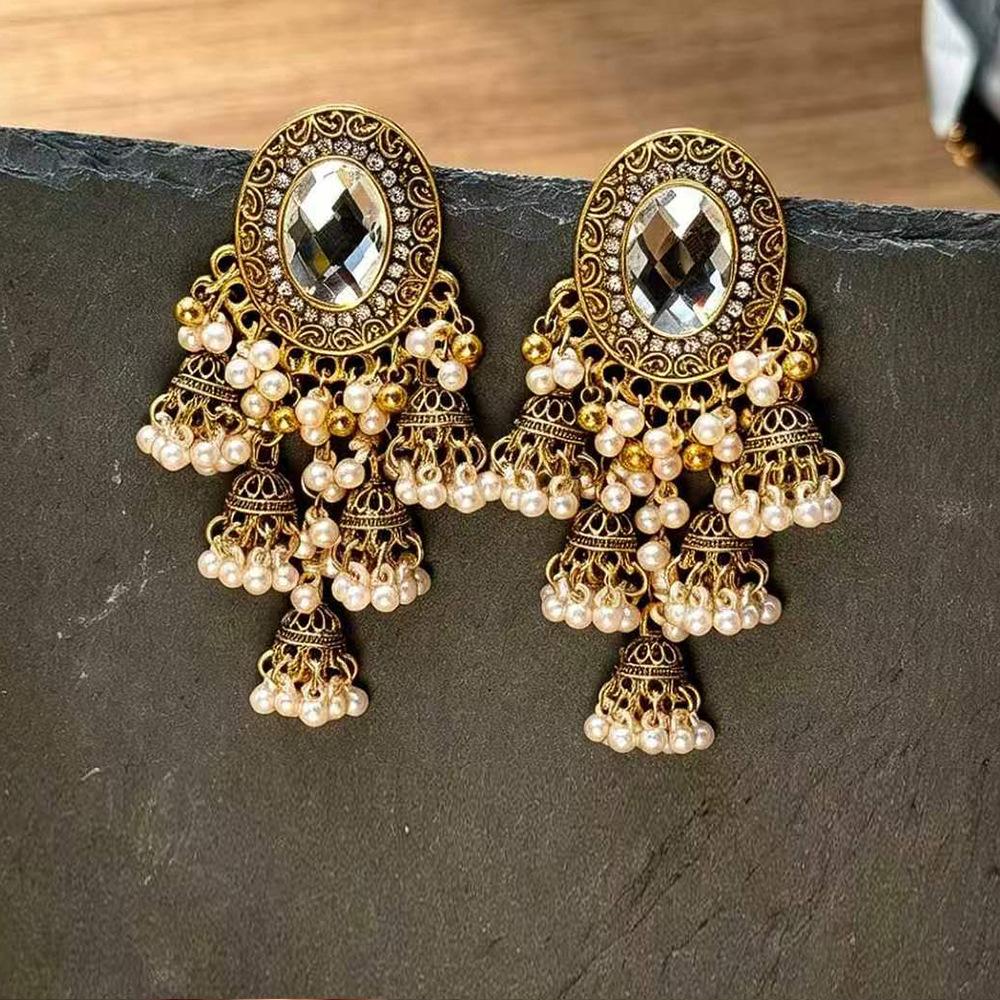 Unique New European and American Style Pearl Bell Tassel Earrings for Women Vintage Luxurious Ethnic Style Long Earrings