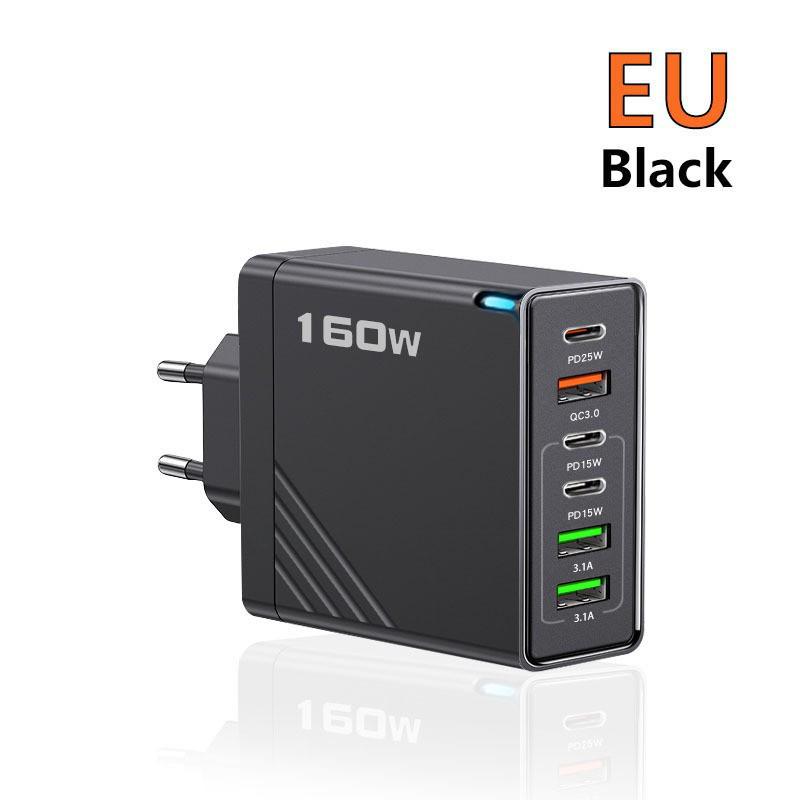 160W Multi-Port Fast Charger: 3 USB + 3 Type-C, EU/UK Plug, Compatible with Apple, Huawei, Xiaomi