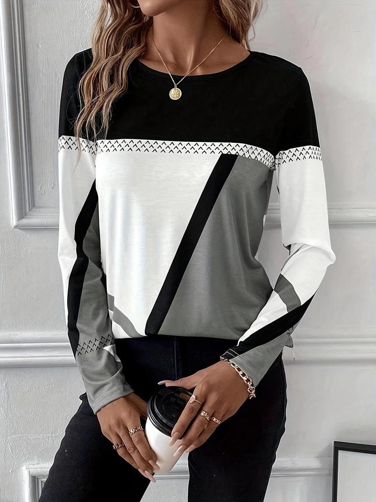 TEMU 2024 Spring/Summer Women's Geometric Print Long-Sleeve Casual Top