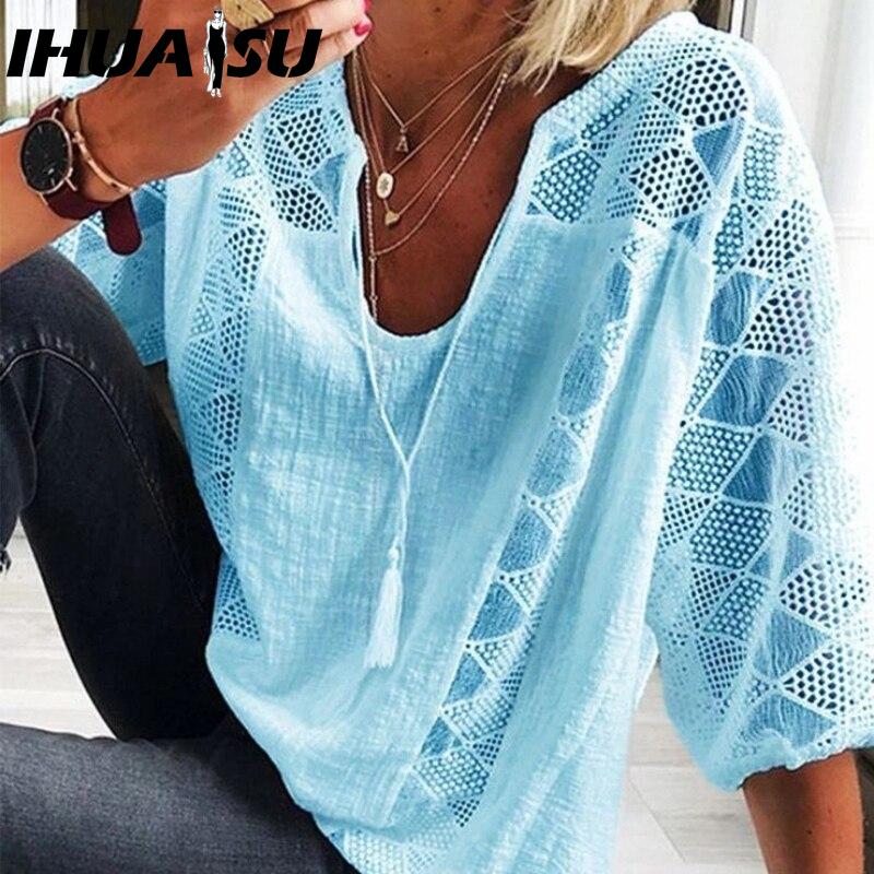 IHUASU Women's Fashion Casual Solid Color Print V Neck Blouses & Shirts