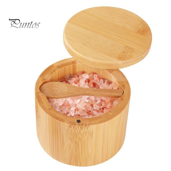 Reusable Wooden Seasoning Box Wood Salt Container with Swivel Magnetic Lid, Built-in Spoon Decorative Spice Keeper Jar, Moisture Proof for Kitchen
