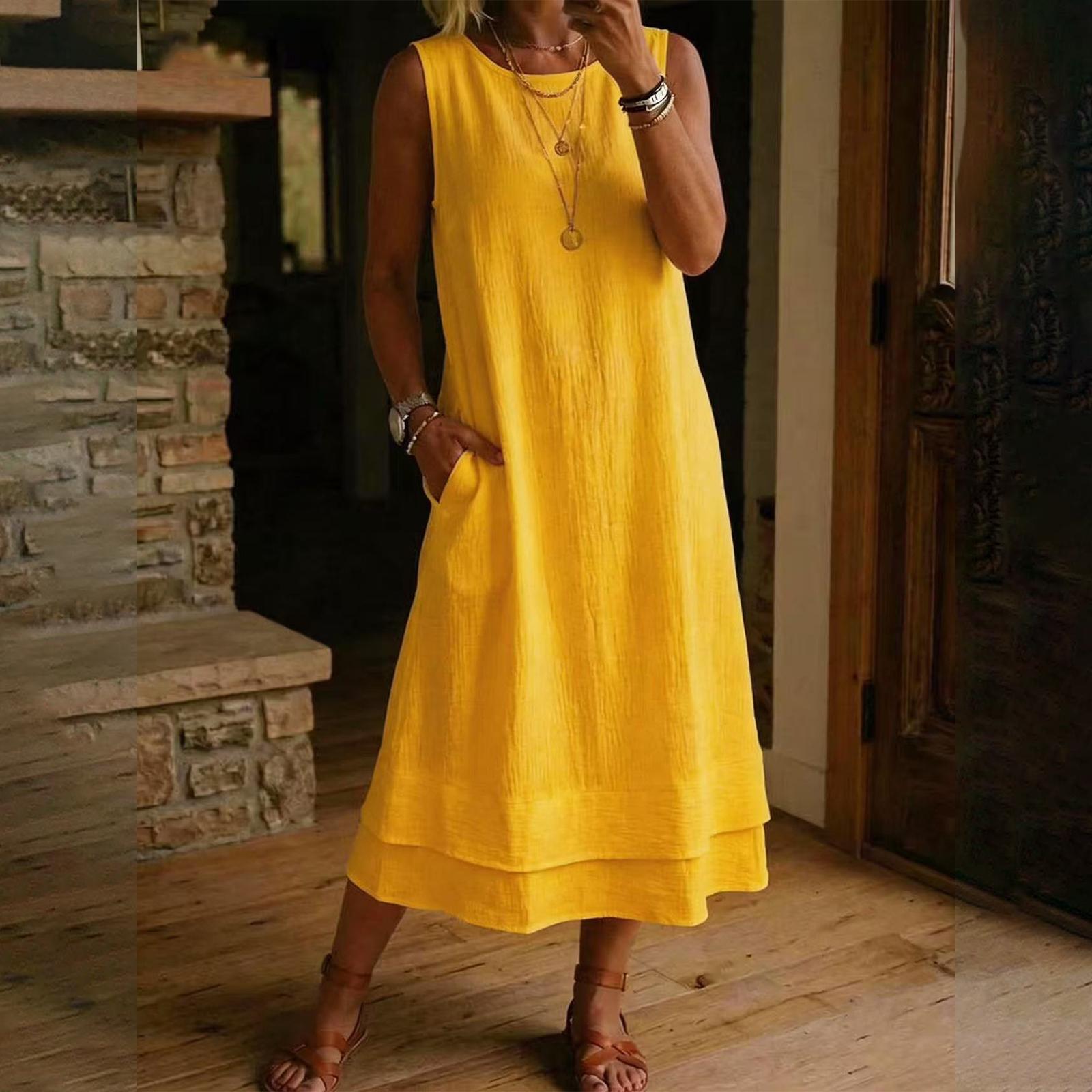 

Ladies Fashionable Casual Cotton And Linen Round Neck Sleeveless Dress XL жовтий