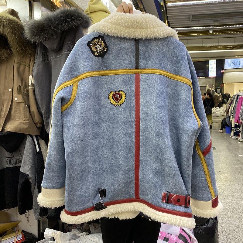 Winter new stand-up collar locomotive suit denim splicing lamb wool jacket women's picture color other