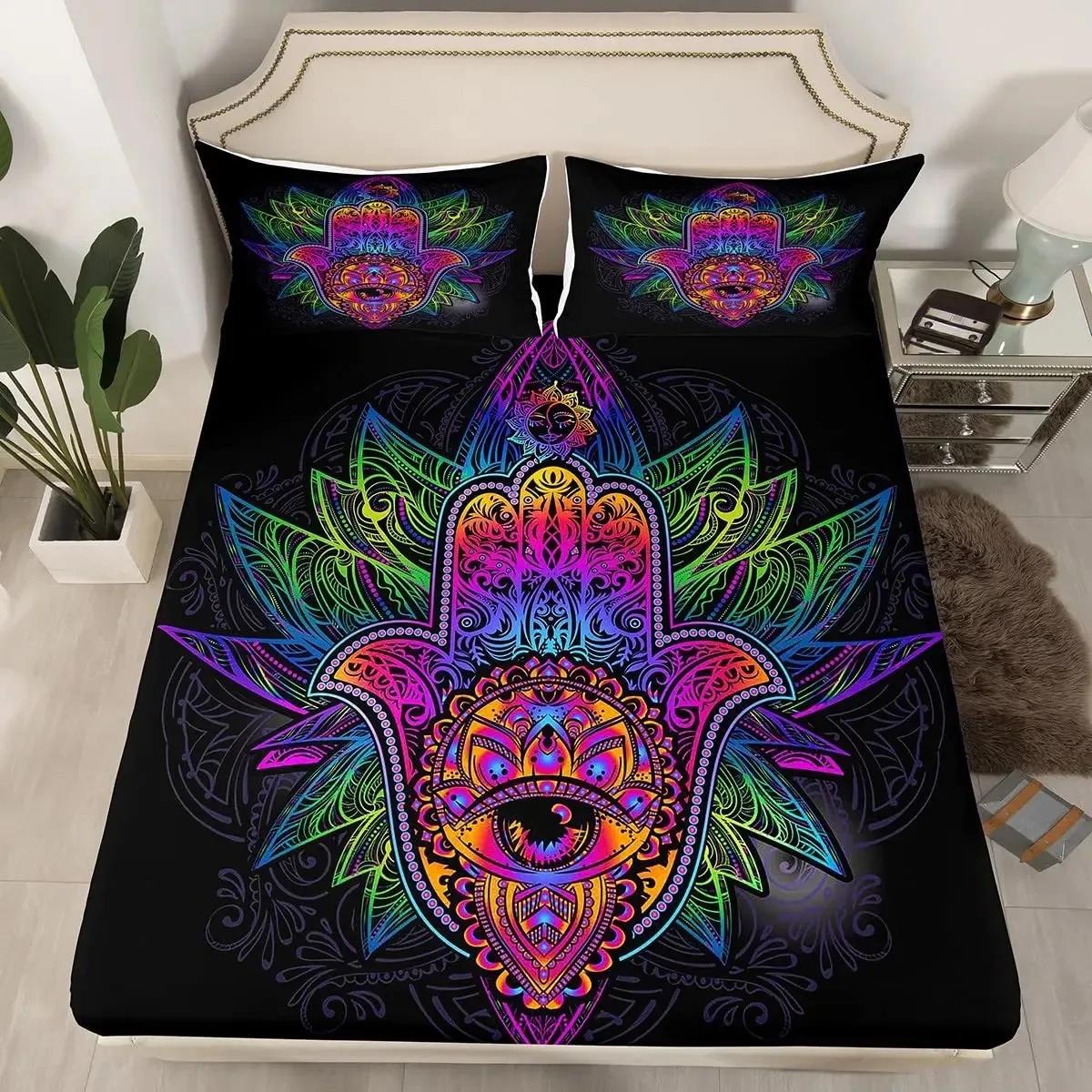 

Пододеяльник Рука Хамса Кинг Квин Бохо Черный Золотой Счастливая Рука Фатимы Постельный Комплект Хиппи Пейсли Трайбл Полиэстер Пододеяльник 70x133cm 2pcs