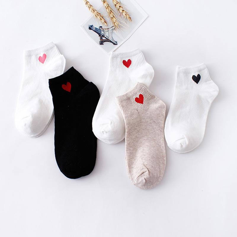 5 Pairs Women Love Heart Short Socks Spring Summer Ankle Socks Girls Casual Fashion Soft Breathable Cotton Invisible Boat Socks