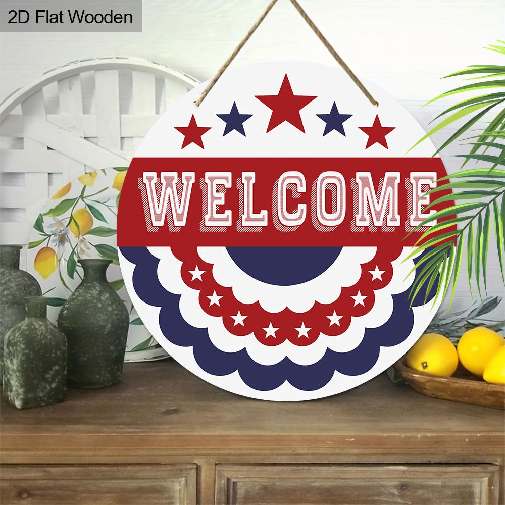 2D Flat, Independence Day Hanging Welcome Sign Decoration, Patriotic Decoration Signs and Plaques, Welcome Wooden Sign Door Hanger, Suitable for Home
