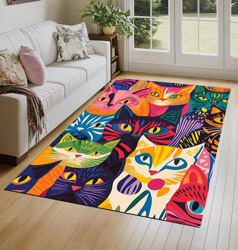 Skládaný kočičí koberec Barevný abstraktní kreslený kočičí koberec Pokoj pro milovníky koček Dekorace obývacího pokoje Podložka na podlahu Rohožka ke vchodu