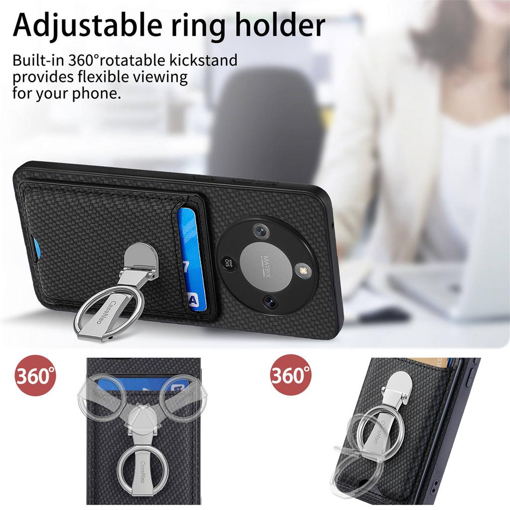 CASENEO Telefondeksel For Honor Magic8 Lite 5G / X9d 5G / X70 5G Lær Bakdeksel med Støtte og Kortplasser Karbonfibertekstur