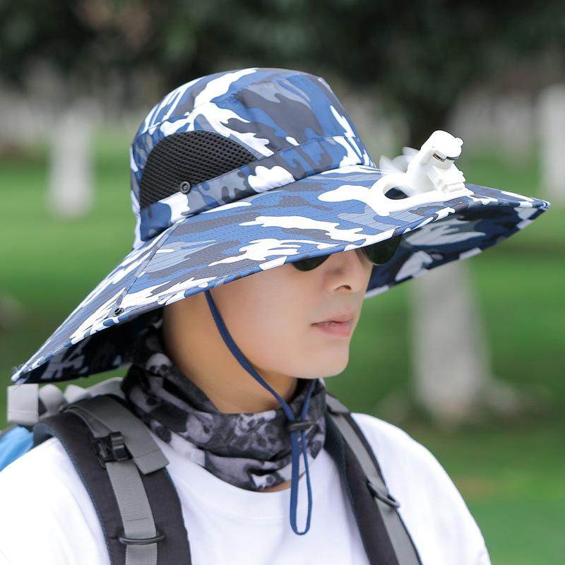 New sun hat with fan men's and women's summer outdoor fishing sun protection hat face cover print mountaineering big eaves bucket hat