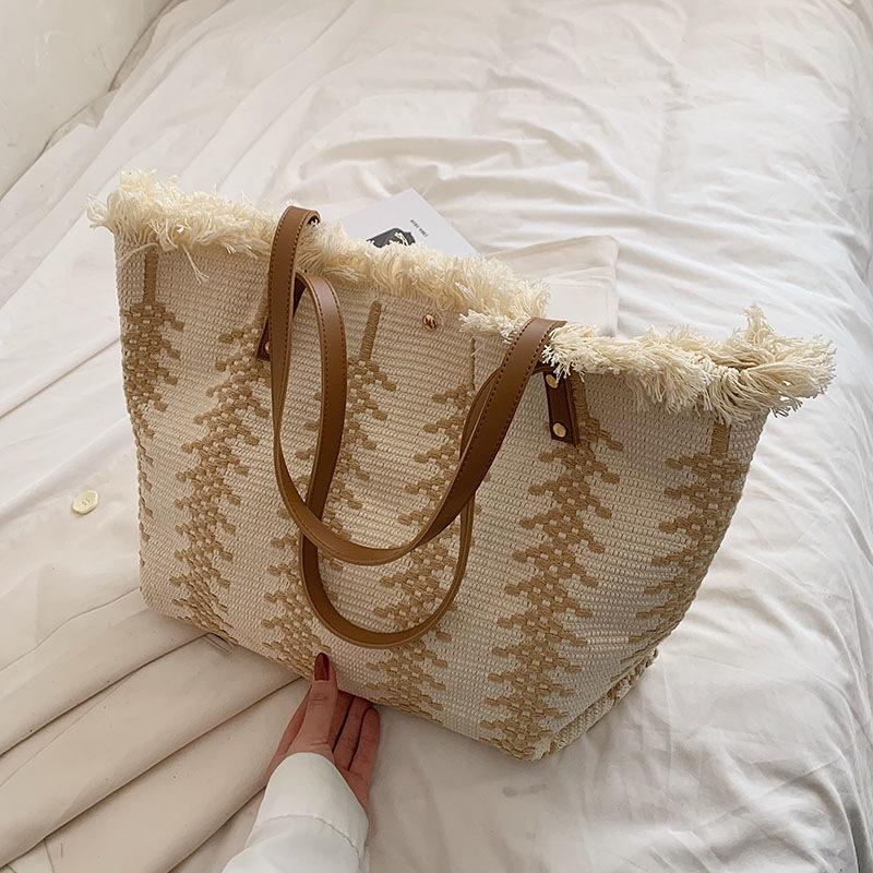 Women Grocery Tote Bag Fringe Large Capacity Canvas Handbag Beach Reusable Shop Bag Contrasting Color Travel Shoulder Bag