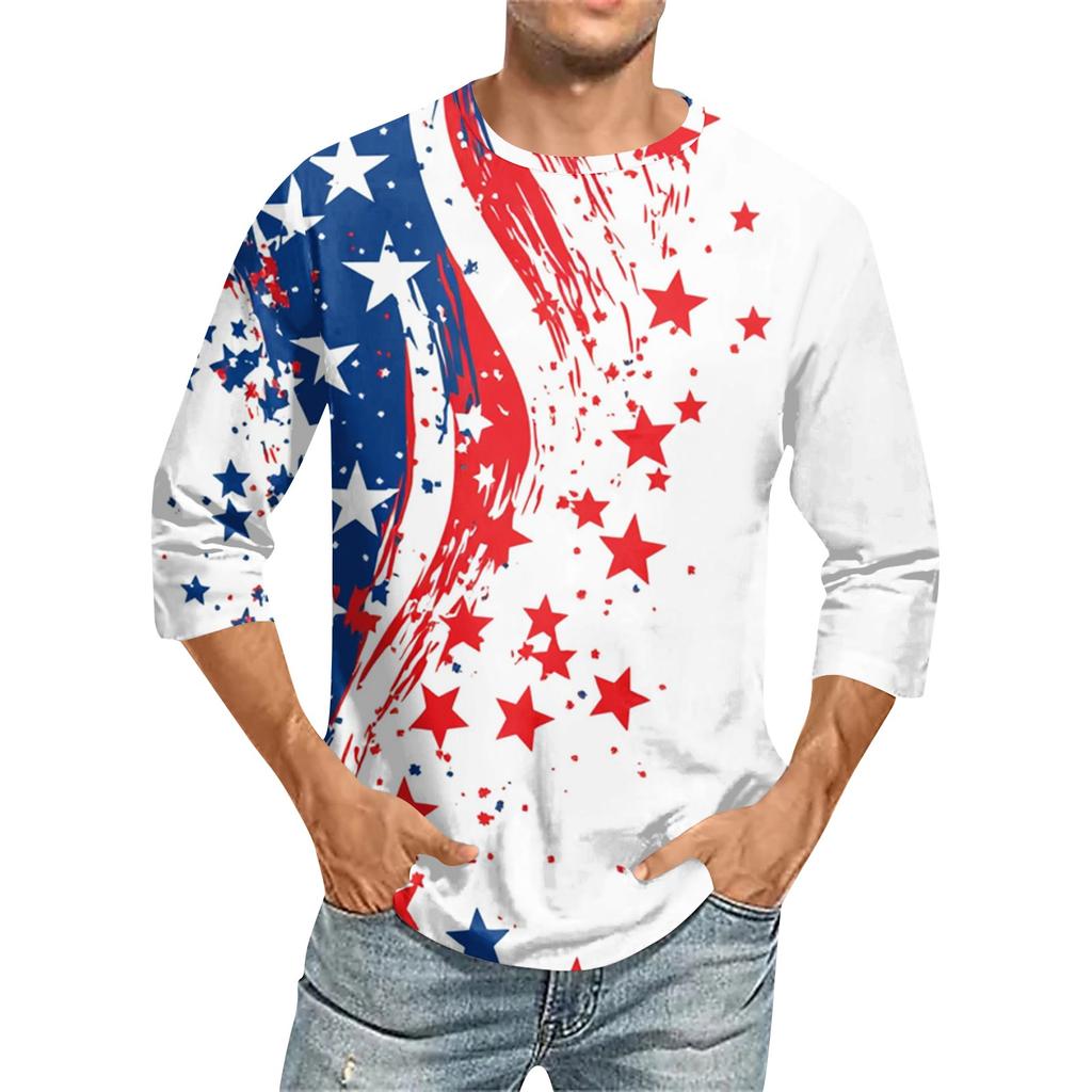 Men's Fashion Casual Independence Day Print  Neck Seven-point Sleeve Top T-shirt