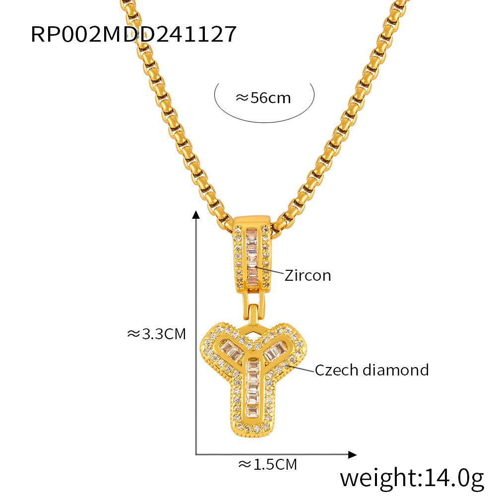 Minimalist Letter Inlaid Diamond Copper Pendant Necklace with Long Box Chain in Gold-Plated Titanium Steel