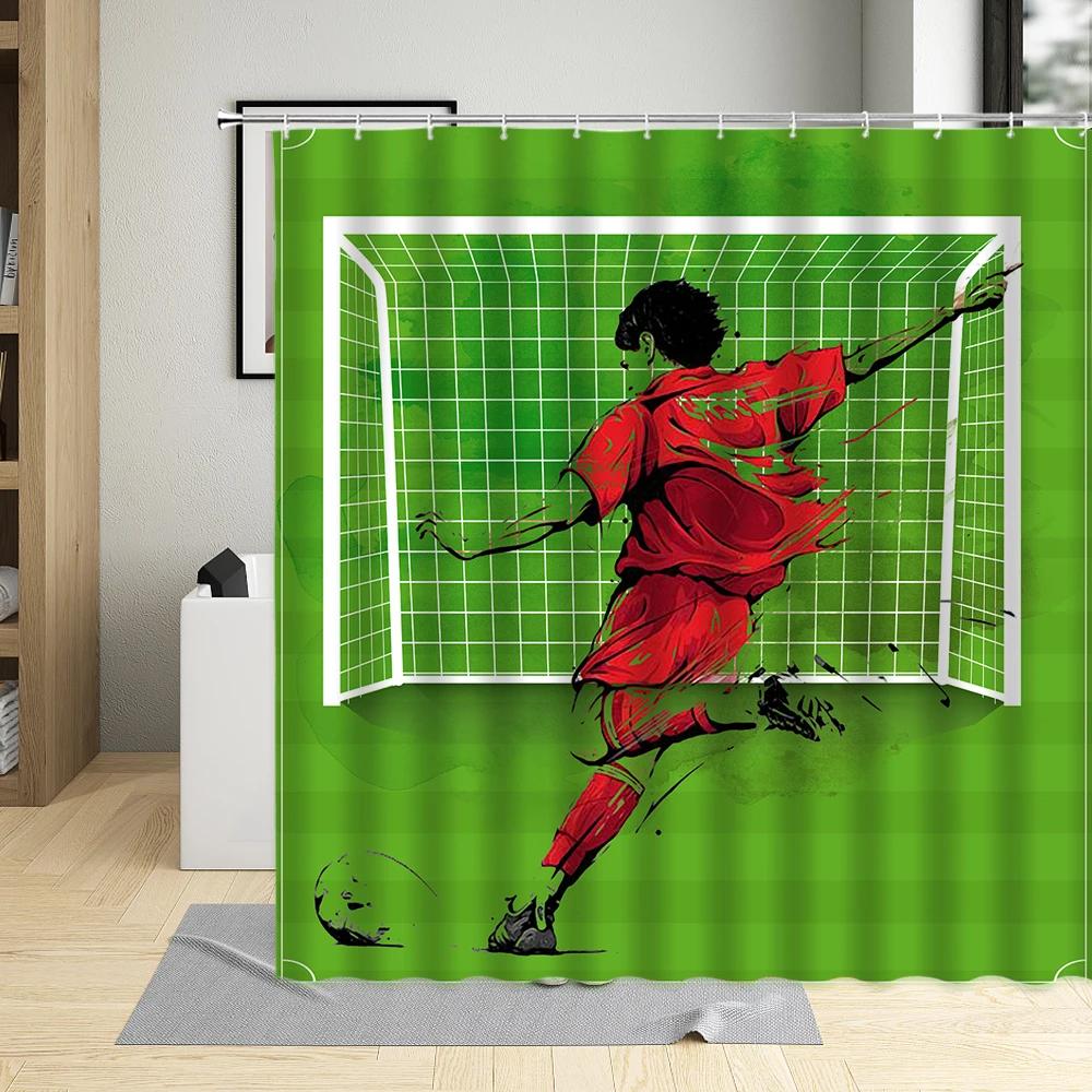 Football Sports Design Shower Curtain, Polyester Fabric, Waterproof, Boys Home Decor, Screens with Hooks, Cartoons Bathroom