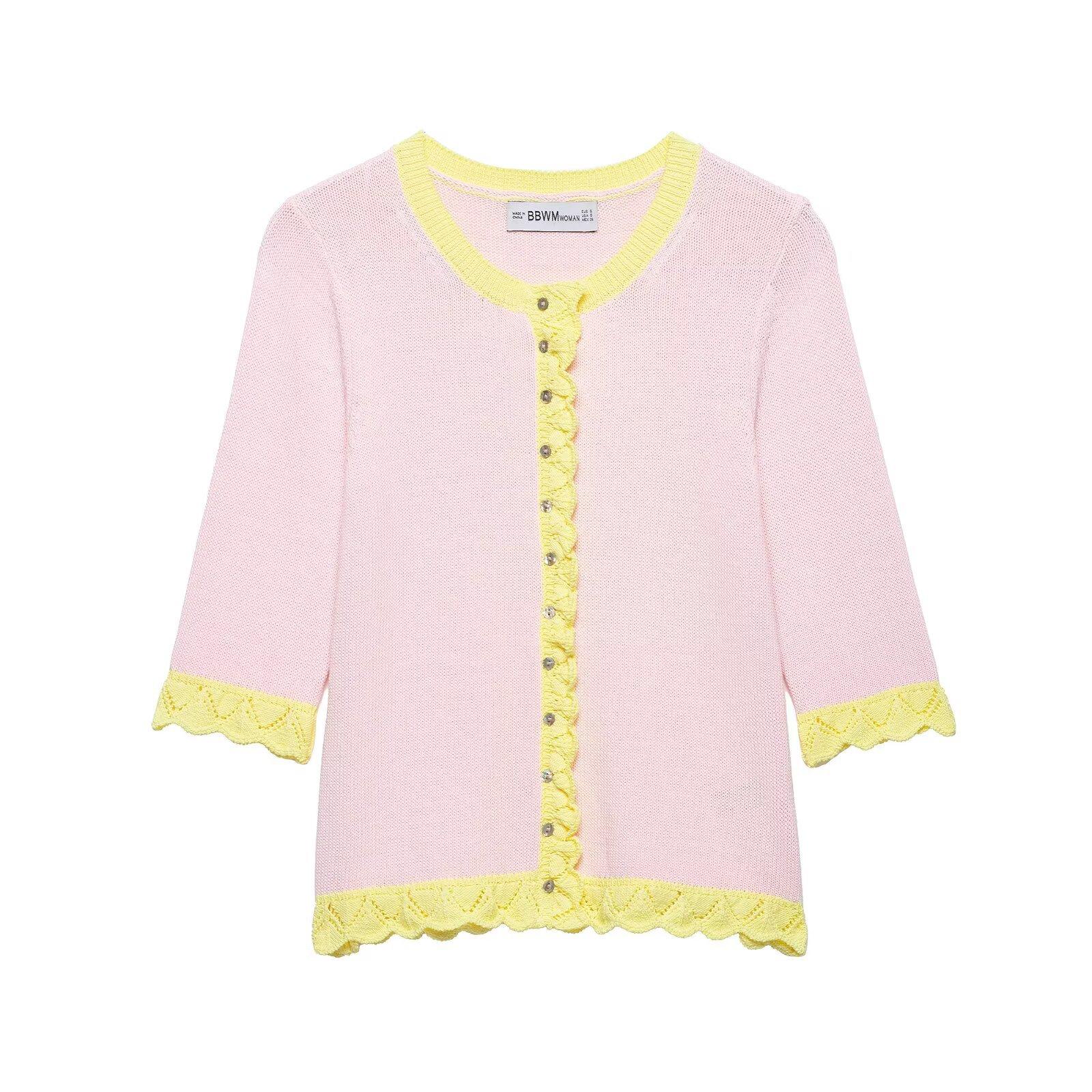 European and American style new women s fashionable cutout patchwork knit jacket 2893043 S розовый
