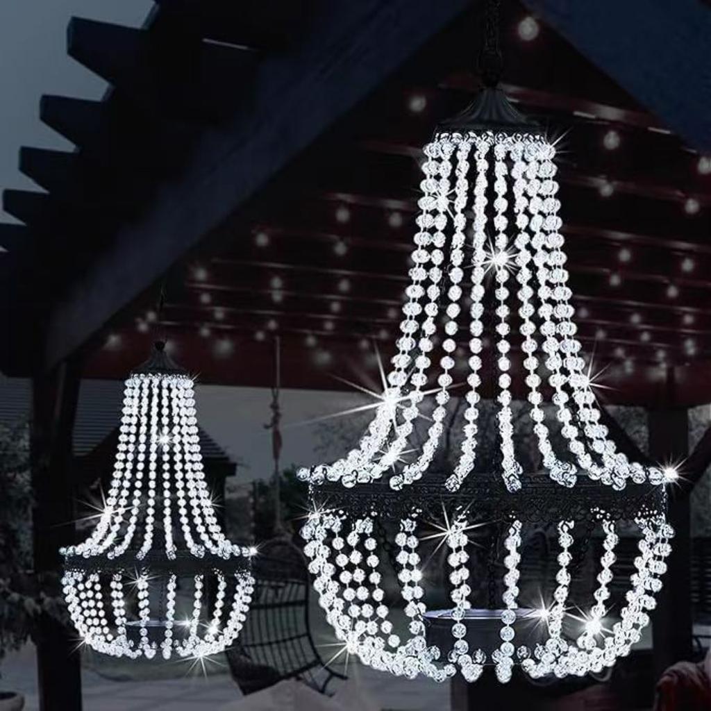 Outdoor Solar Powered Hanging Chandelier Light for Garden Patio Balcony Decorative Ambient Lighting with Beaded Design and Metal Frame