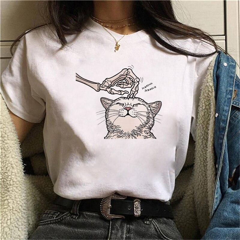 Купить Cute Cat Printed T-Shirts Women Cute T-Shirt White Tops Casual Short  T-Shirt Graphic Tees Tops | Joom