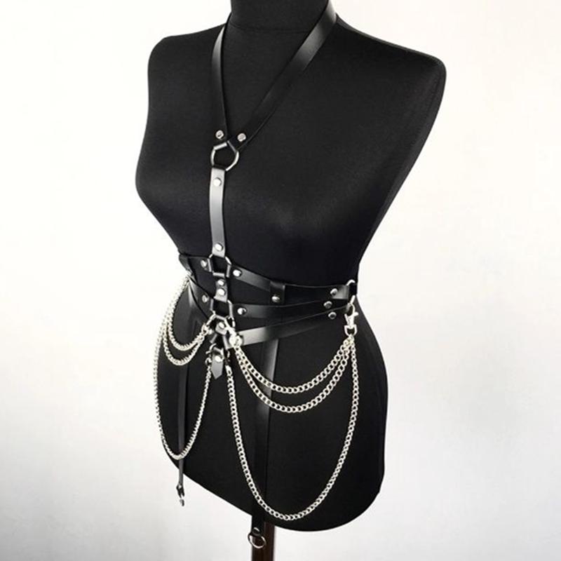 Gothic Punk PU Leather Belt With Detachable Chain Woman Adjustable Body Harness Halter Sexy Leather Waist Belt чёрный