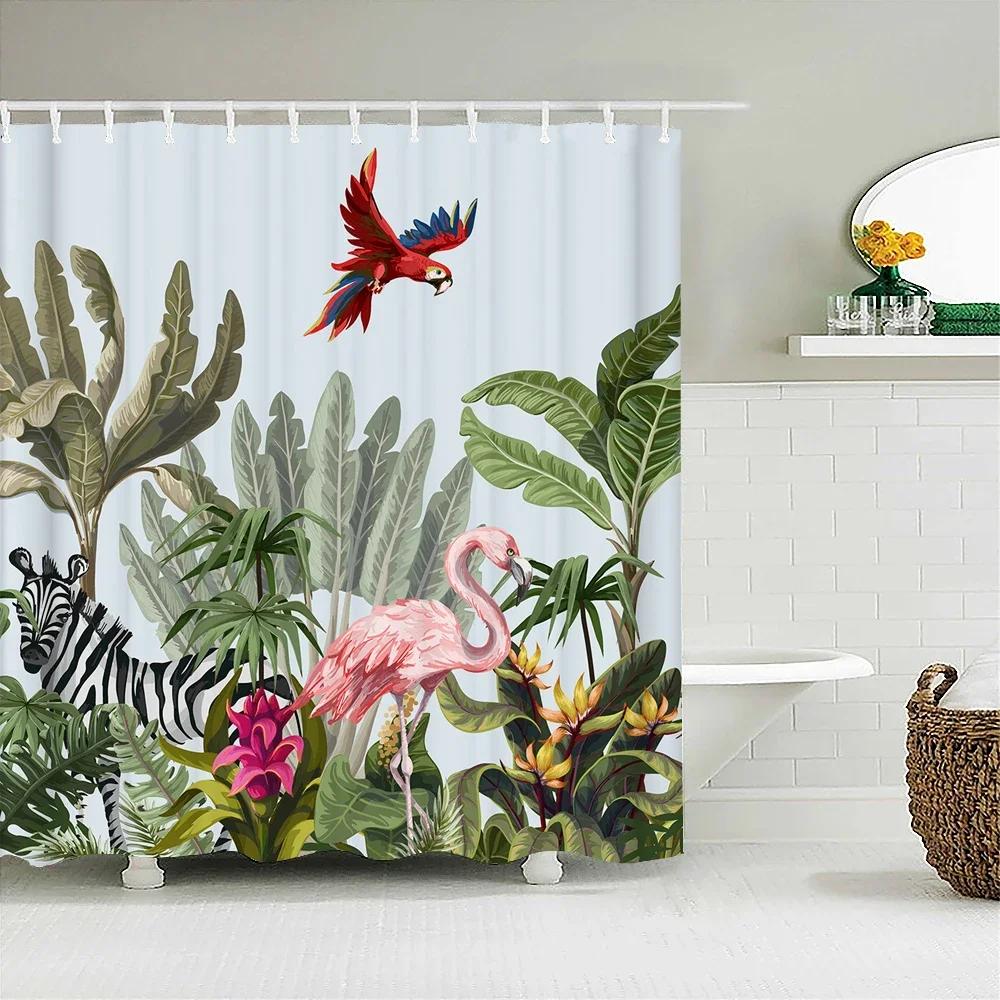 Flamingo Shower Curtains Green Leaf Bathroom Waterproof Polyester Fabric Printing Shower Curtain Decoration Bath Screen