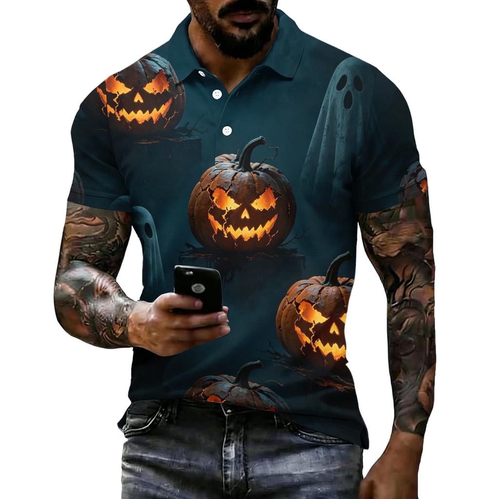 Mens Halloween Printed Vintage Texture Short Sleeve Polo Shirt Loose Breathable Summer Sports Streetwear Casual Top