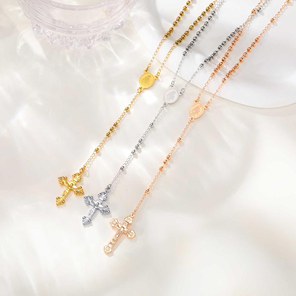 Stainless Steel Prayer Beads Rosary Necklace with Cross Pendant, Y-Shaped Long Chain Virgin Mary Necklace, Religious Jewelry