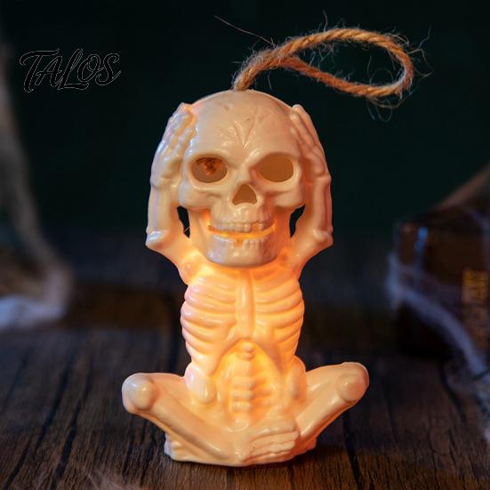 Hanging Skeleton Decor with Lanyard Halloween Decoration LED Light, Spooky Lighted Plastic Skull Party Table Centerpiece Ornament Rope for Haunted
