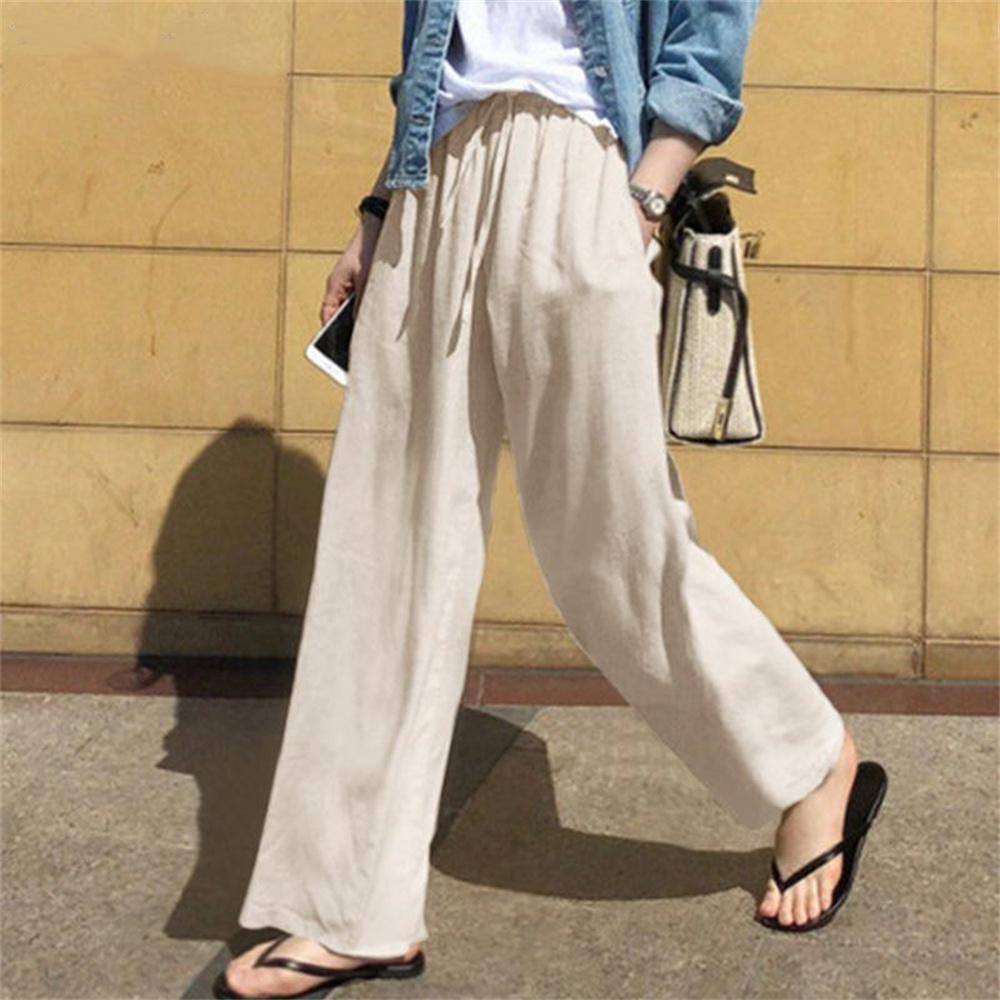Spring Autumn Women's Wide Leg Pants Plus Size High Waist Solid Color Loose Cotton Linen Pants