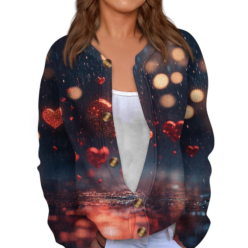 Kvinners Valentine's Day Print Langermet strikket Cardigan Button Jacket