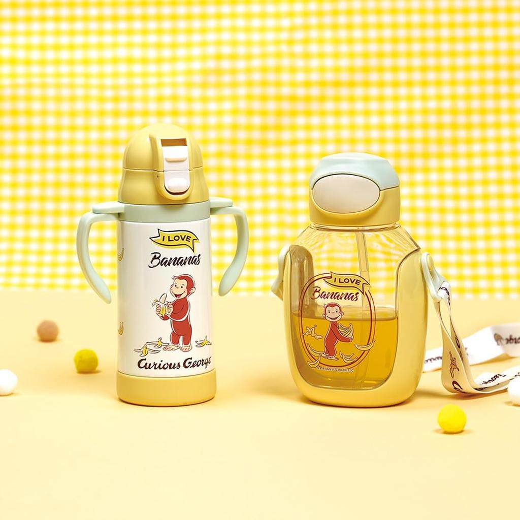 Skater Water Bottle with Straw, 530ml, One-Push Opening, for Children, Curious George Design, PDSH6DX-A