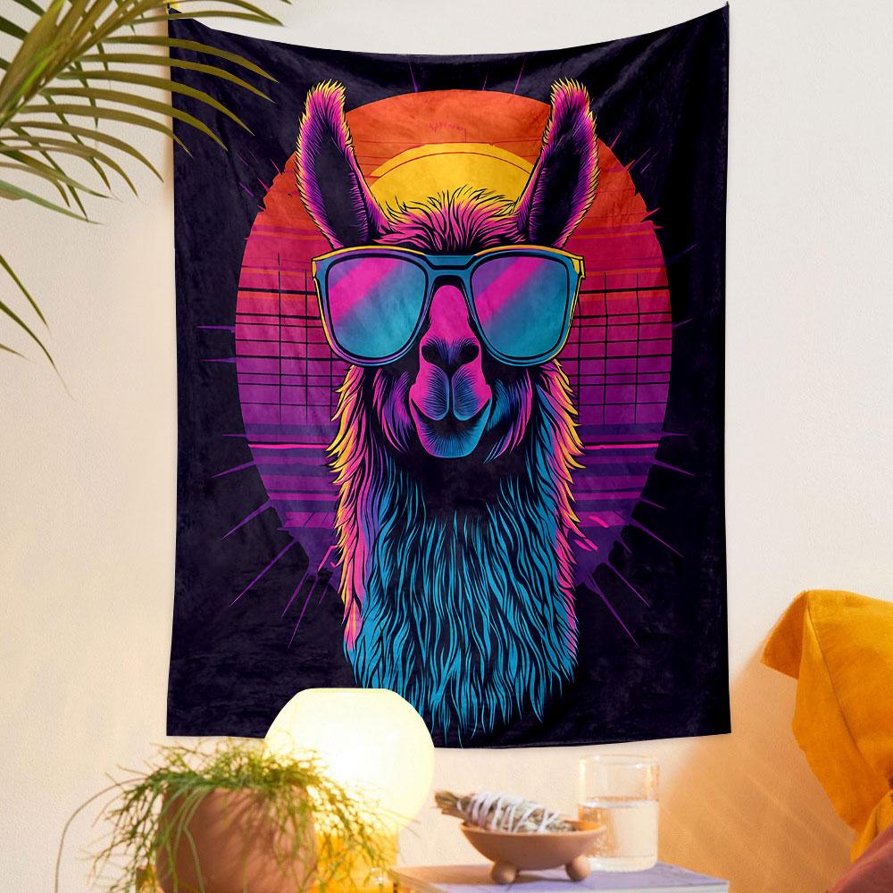 Cool Neon Llama with Sunglasses Patterned Tapestry Decorative Wall Hanging, Home Bedroom Living Room Decor