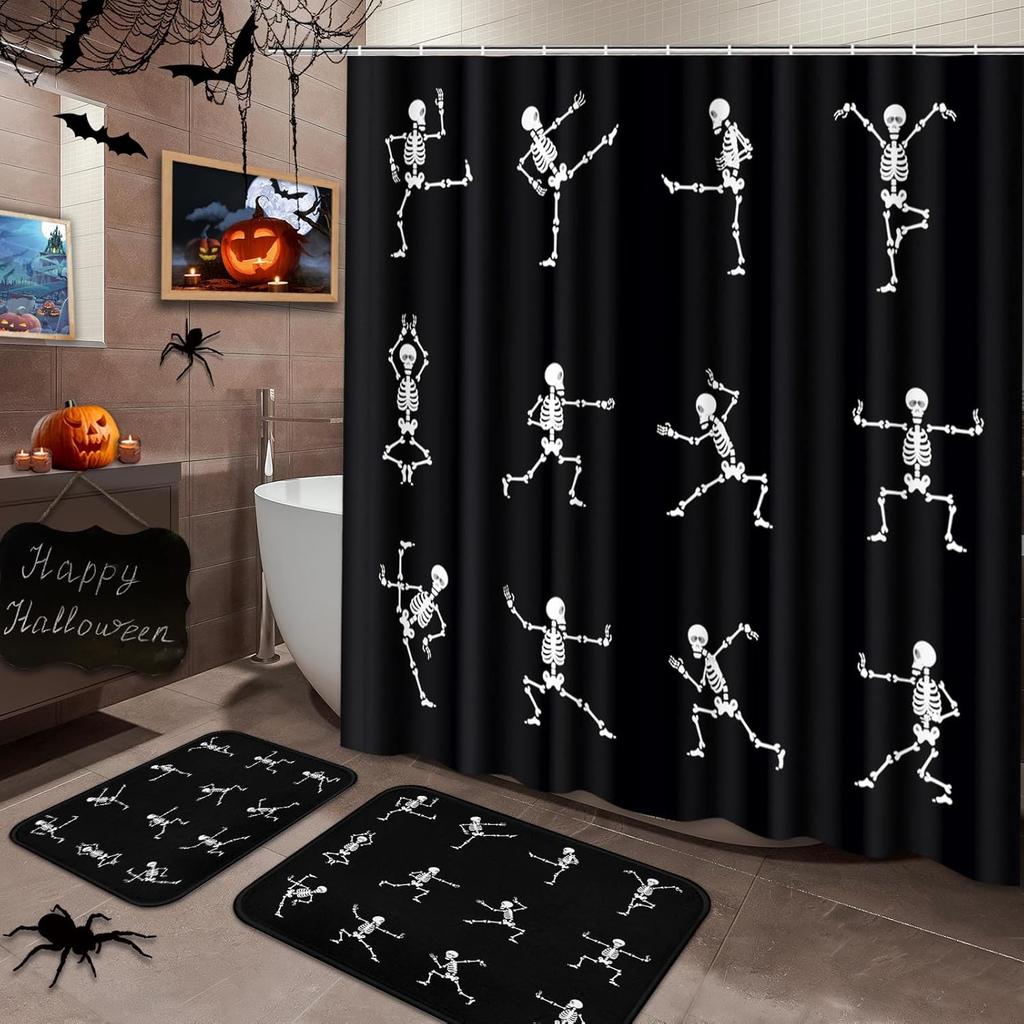 Halloween Bathroom Sets With Shower Curtain And Rugs Accessories, Funny Ghosts Shower Curtain Sets, Trick Or Treat Shower