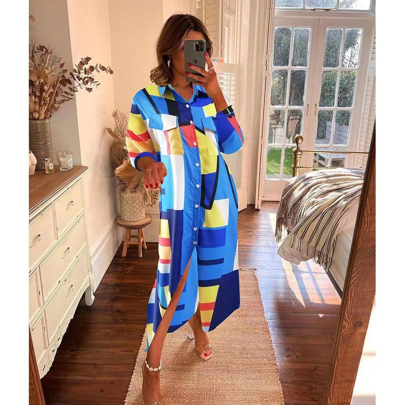 

Европейская станция Весна и Осень Новое поступление Рабочая одежда Воротник поло Однобортный Геометрический клетчатый принт Свободное Повседневное Платье с длинными рукавами Blue 2XL