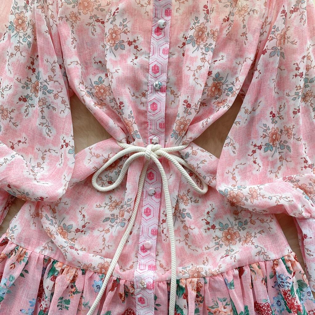 2024 Spring New French sle Puff sleeve Breasted Waist Hugging Slimming Temperament Long Print Formal Dress Chiffon Dress