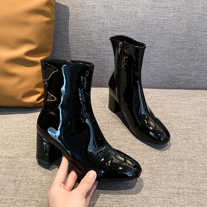 High-heeled short boots children's medium tube autumn new side zipper large size boots fashion thick heel square head