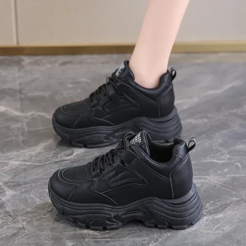 White Platform Women's Sneakers Autumn Lace-Up Thick Bottom Sports Shoes Woman Pu Leather Breathable Walking Shoes Female