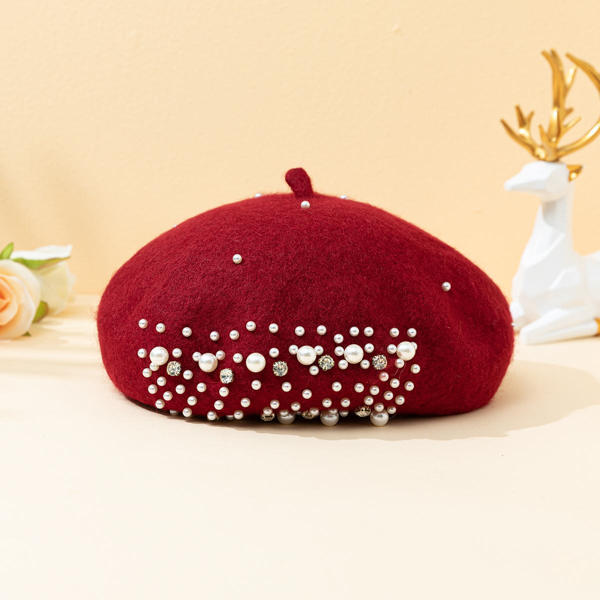 

Ladies water diamond beaded woolen autumn and winter warm and fashionable Y2K beret for daily gatherings, shopping and outings One Size